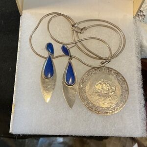 Elegant Greek Sterling Silver Pendant and Lapis Earring Jewelry Set